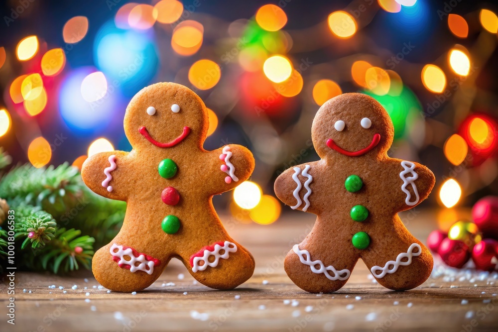 Festive Gingerbread Man and Cookie on a Beautiful Bokeh Background for Christmas Celebrations Festive Gingerbread Man and Cookie on a Beautiful Bokeh Background for Christmas Celebrations