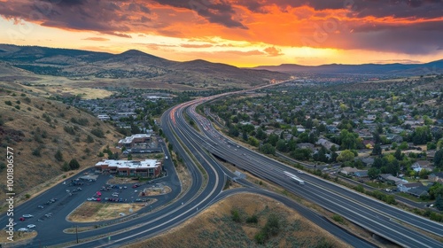 Breathtaking Aerial View of the Sunset Over a Picturesque Mountain Landscape and Cityscape