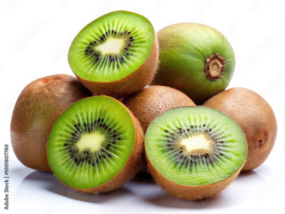 Fresh and Juicy Kiwis Displayed on Bright White Background Highlighting Their Vibrant Color and Texture Fresh and Juicy Kiwis Displayed on Bright White Background Highlighting Their Vibrant Color and Texture