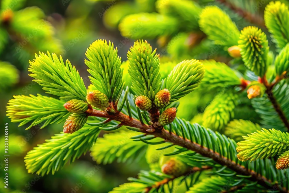 Fototapeta premium Fresh Green Spruce Branches of Coniferous Tree Sprouting New Growth in Vibrant Spring Season