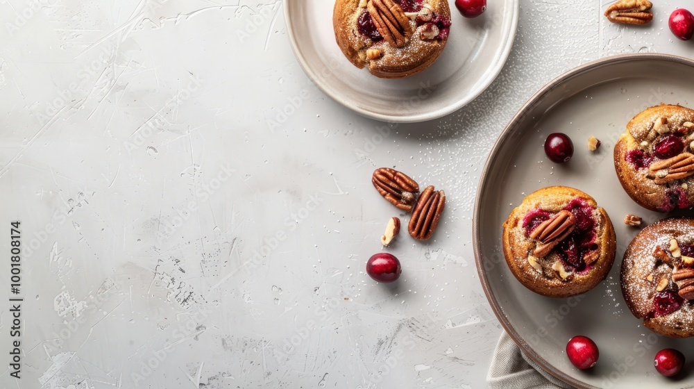 Fototapeta premium Overhead Shot of Rustic Cranberry and Pecan Nut Cakes on Simple Backdrop