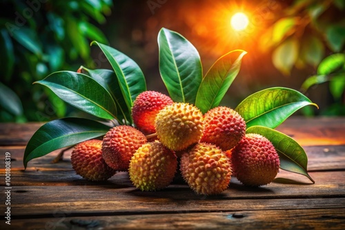 Fresh Lomboy Fruit on Wooden Table with Green Leaves, Tropical Healthy Snack and Refreshing Treat photo