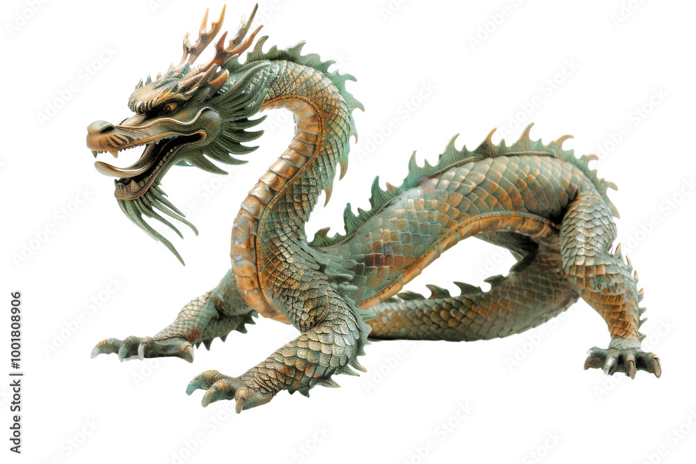 Fototapeta premium Transparent Green and Gold Dragon Sculpture - Mythical Creature, Chinese Mythology