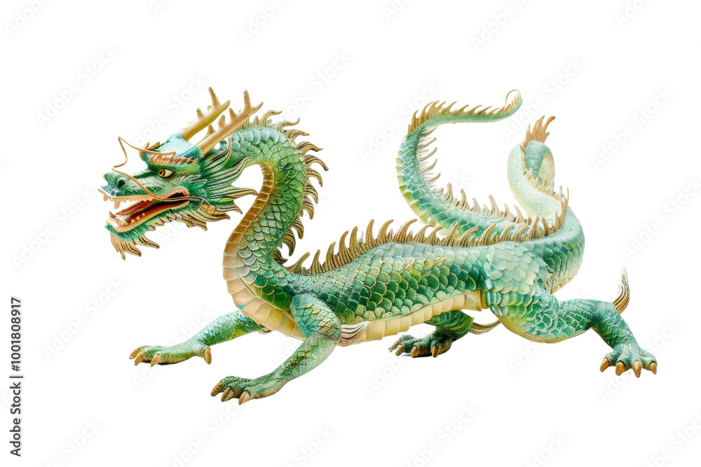 Fototapeta premium Transparent Green Dragon Statue Isolated on Black Background