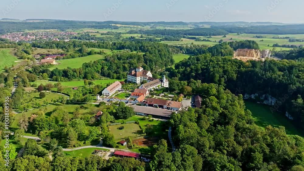 Aerial view of Langenstein Castle near Eigeltingen with surrounding golf course, Hegau, Constance district, Baden-Württemberg, Germany, Europe Aerial view of Langenstein Castle near Eigeltingen with surrounding golf course, Hegau, Constance district, Baden-Württemberg, Germany, Europe