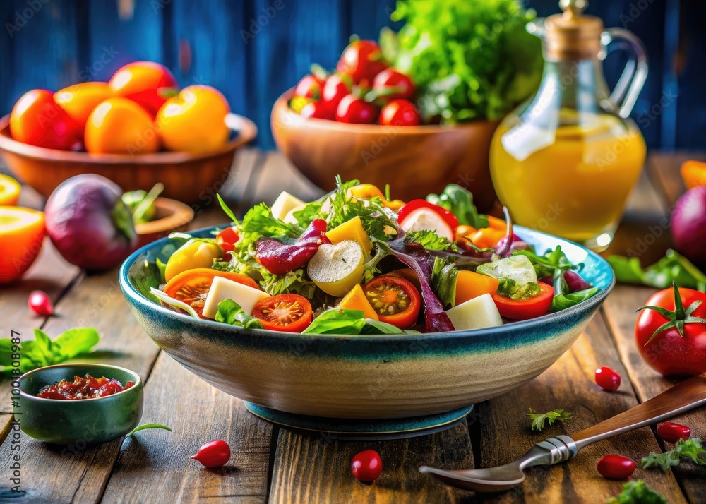 Fresh Salad in Bowl Surrounded by Colorful Food and Elegant Table Setting for Dining Experience Fresh Salad in Bowl Surrounded by Colorful Food and Elegant Table Setting for Dining Experience