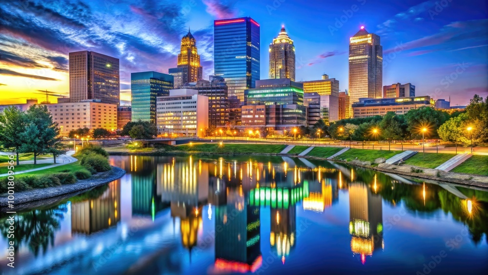 Fototapeta premium Futuristic Omaha Skyline at Dusk with Modern Architecture and Vibrant City Lights Reflections