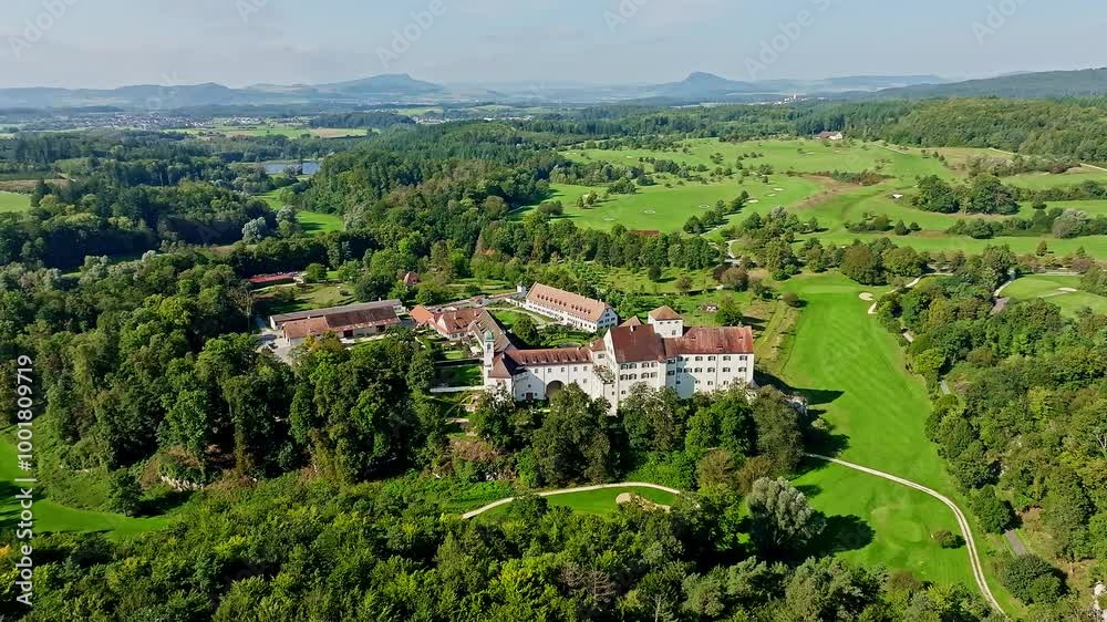 Aerial view of Langenstein Castle near Eigeltingen with surrounding golf course, Hegau, Constance district, Baden-Württemberg, Germany, Europe Aerial view of Langenstein Castle near Eigeltingen with surrounding golf course, Hegau, Constance district, Baden-Württemberg, Germany, Europe