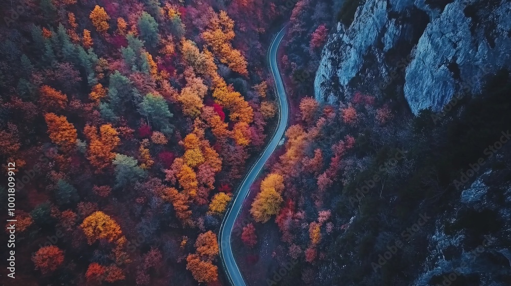 Scenic Autumn Landscape with Winding Road Through Vibrant Fall Foliage Scenic Autumn Landscape with Winding Road Through Vibrant Fall Foliage