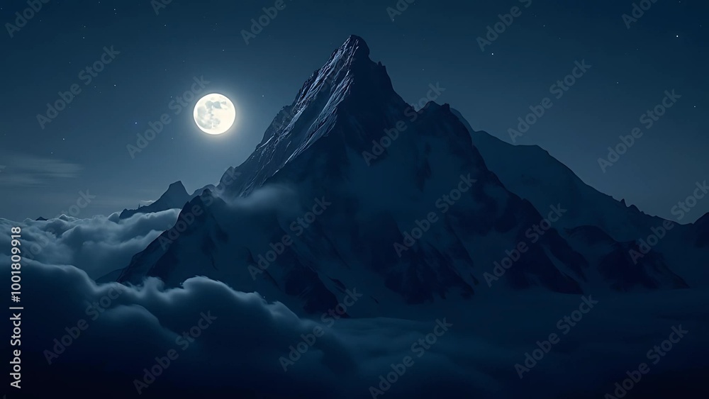 A full moon illuminates a towering, snow-capped mountain peak against a dark, star-studded night sky. Dense clouds partially shroud the base of the mountain, A full moon illuminates a towering, snow-capped mountain peak against a dark, star-studded night sky. Dense clouds partially shroud the base of the mountain,