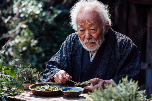 Senior man processing herbs in a traditional outdoor setting photo