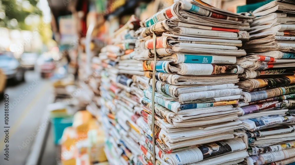 Stacks of Newspapers and Magazines in a Street Store Display Stacks of Newspapers and Magazines in a Street Store Display
