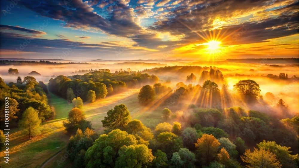 Obraz premium Golden Morning Sunlight Breaking Through Trees and Illuminating a Tranquil Landscape at Dawn
