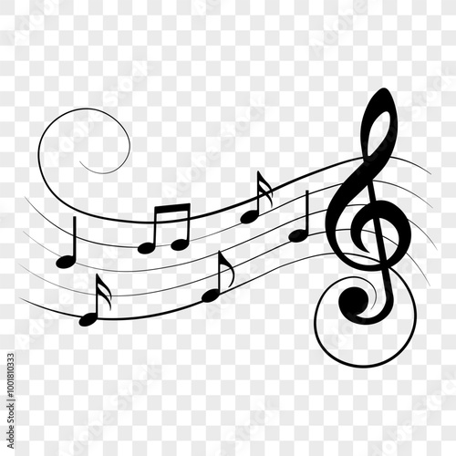 Music notes on wavy lines with swirl, vector illustration.