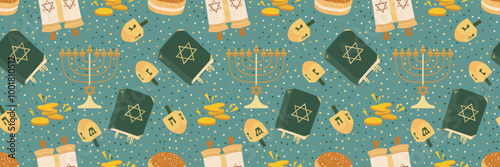Hanukkah Jewish holiday seamless pattern with Menorah, Torah, Star of David, dreidel, coins and Sufganiyah.