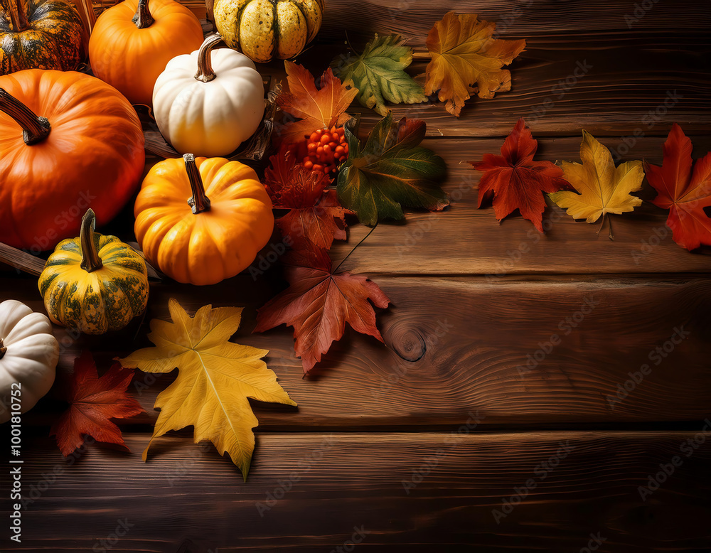 Colorful pumpkins and autumn leaves arranged on a rustic wooden surface with copy space Colorful pumpkins and autumn leaves arranged on a rustic wooden surface with copy space