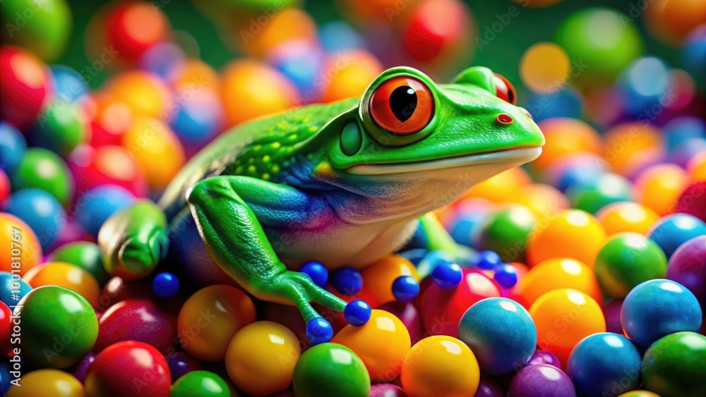 Green Frog Resting on Colorful Molecules Representing Nature and Science in a Creative Conceptual Image Green Frog Resting on Colorful Molecules Representing Nature and Science in a Creative Conceptual Image