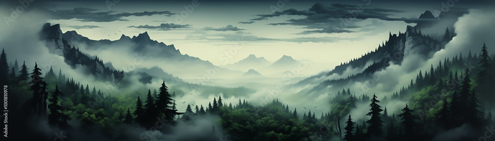 Panoramic misty forest valley with distant mountains and atmospheric fog Panoramic misty forest valley with distant mountains and atmospheric fog