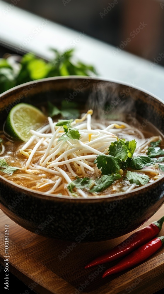 Vertical format, A steaming bowl of aromatic noodle soup garnished with fresh herbs and lime on a wooden board in a cozy setting Vertical format, A steaming bowl of aromatic noodle soup garnished with fresh herbs and lime on a wooden board in a cozy setting