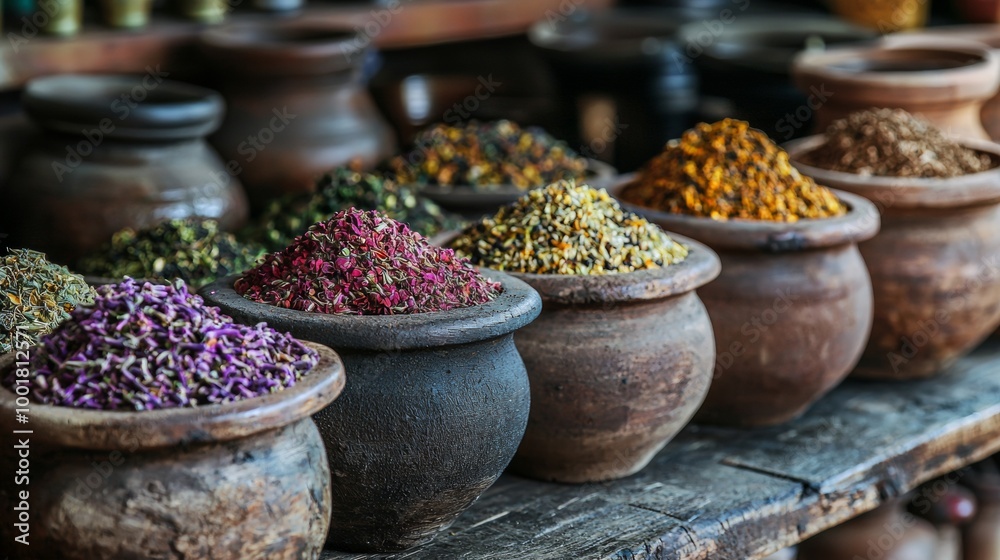 Assortment of dried herbs and spices in clay pots Assortment of dried herbs and spices in clay pots