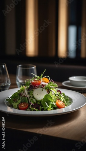 Wallpaper Mural Fresh salad with greens, tomatoes, sprouts, and edible flowers garnished on a plate Torontodigital.ca