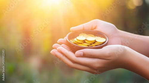 Hands Holding Coins in Nature - Wealth, Savings, and Investment Concept photo