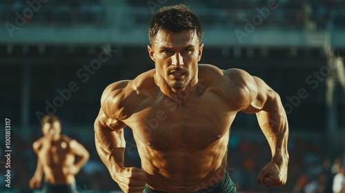 Determined muscular athlete sprinting on track at sunset in stadium setting fitness sport photo