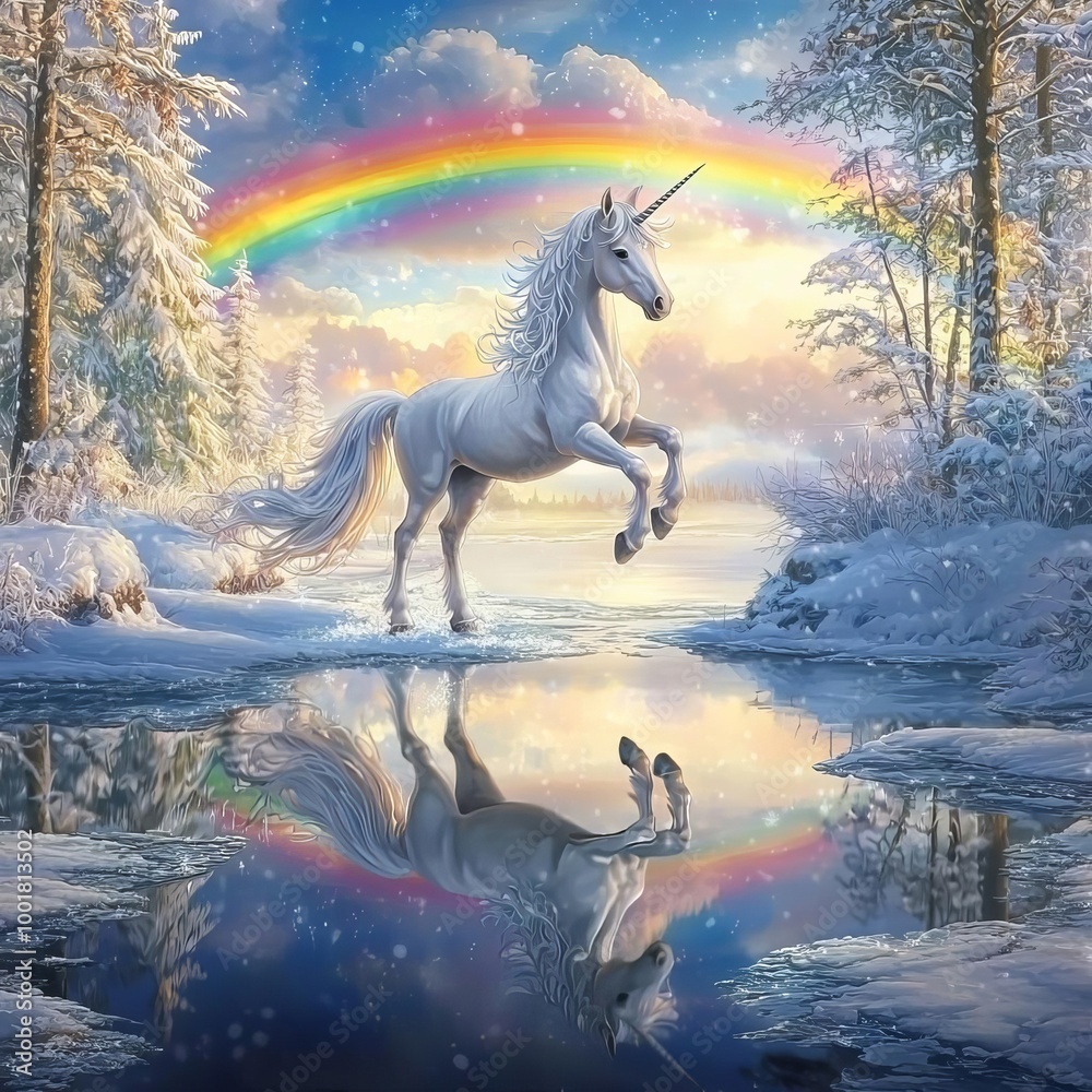 Obraz premium Christmas Unicorn Fantasy Rainbow Unicorn prancing over an icy lake reflecting a rainbow sky, Christmas Unicorn Fantasy Rainbow, winter fantasy and holiday beauty