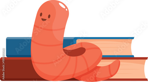 Happy worm is taking a break on a pile of books, enjoying a moment of rest after a productive study session