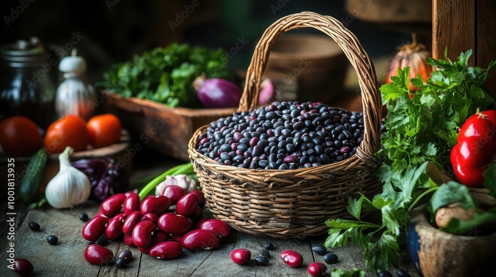 A basket of dried black beans and red beans on a rustic kitchen table, surrounded by cooking ingredients and fresh vegetables A basket of dried black beans and red beans on a rustic kitchen table, surrounded by cooking ingredients and fresh vegetables