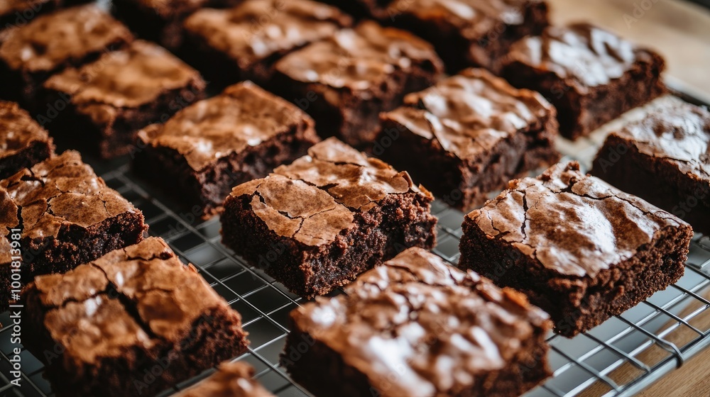 A batch of freshly baked chocolate brownies cooling on a wire rack, with a rich and fudgy texture, representing indulgence and homemade comfort food A batch of freshly baked chocolate brownies cooling on a wire rack, with a rich and fudgy texture, representing indulgence and homemade comfort food