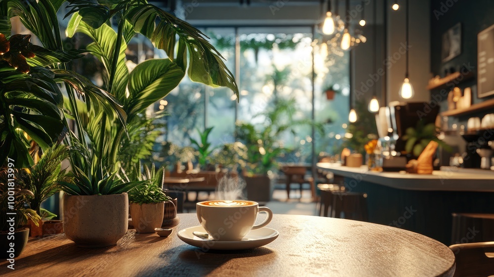 Fototapeta premium A beautiful interior with a large cup of coffee on a table, surrounded by soft lighting, plants, and modern decor, creating a trendy atmosphere