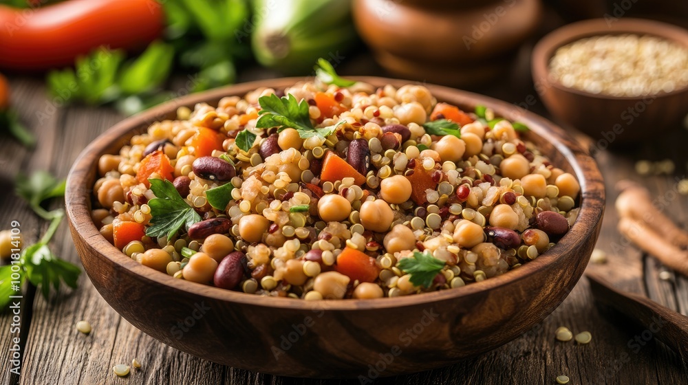 A bowl of mixed beans and grains, such as lentils, chickpeas, and quinoa, on a wooden kitchen table with fresh herbs and vegetables in the background A bowl of mixed beans and grains, such as lentils, chickpeas, and quinoa, on a wooden kitchen table with fresh herbs and vegetables in the background