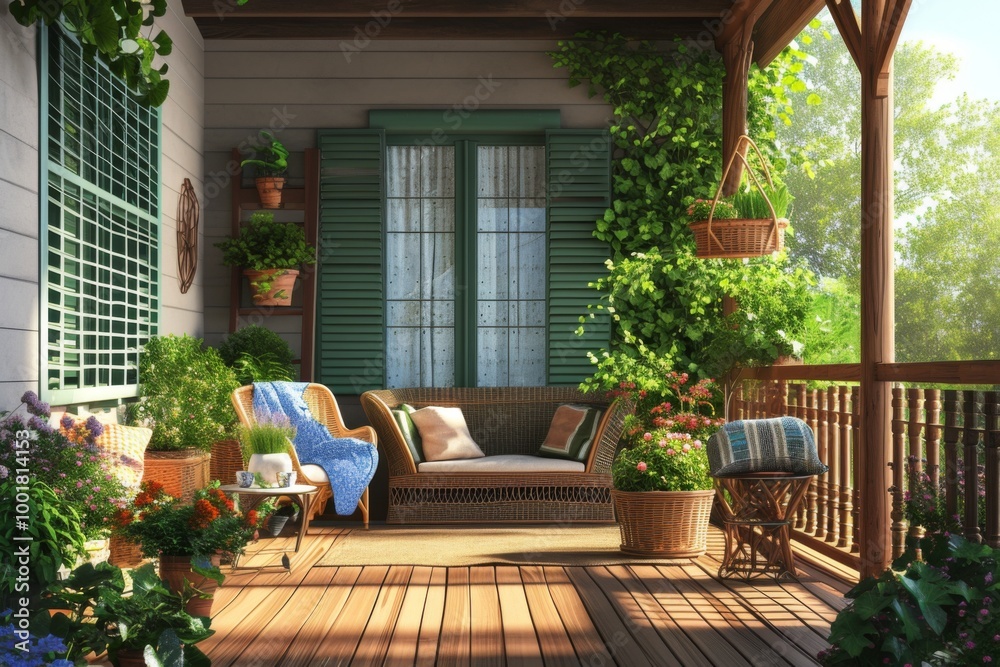 Naklejka premium Charming Porch Decor: Wicker Furniture and Greenery
