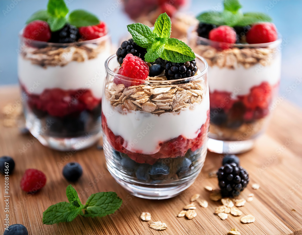 Yogurt parfait  with granola, berries and mint leaves in glasses on wooden table