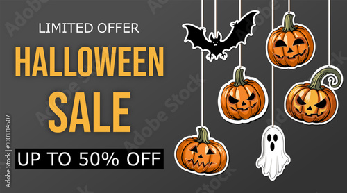 halloween sale, template discount banner design with carved pumpkins, jack's lanterns, bats, ghosts to promote purchases in the autumn season. modern bright vector illustration en black and orange