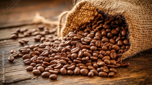 A close-up of freshly roasted coffee beans spilling from a burlap sack onto a rustic wooden table, with rich brown tones and warm lighting