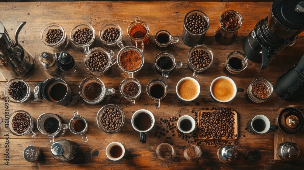 A coffee lover's paradise with a table full of different coffee beans, brewing methods, and cups, highlighting the variety and richness of the coffee experience A coffee lover's paradise with a table full of different coffee beans, brewing methods, and cups, highlighting the variety and richness of the coffee experience