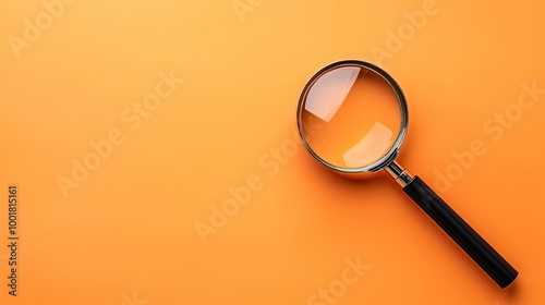 Photo of magnifying glass on left side over orange pastel background with copyspace for put your text or logo.,Flat lay top view mock-up item concept. with generative ai