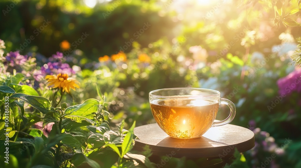 A cup of herbal tea resting on a table in a sunlit garden, surrounded by colorful flowers and green plants A cup of herbal tea resting on a table in a sunlit garden, surrounded by colorful flowers and green plants