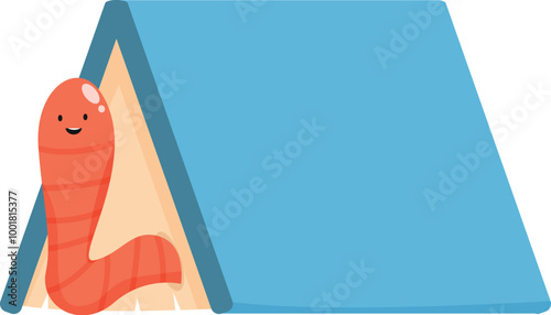 Smiling cartoon worm is coming out of its house made with a simple blue roof