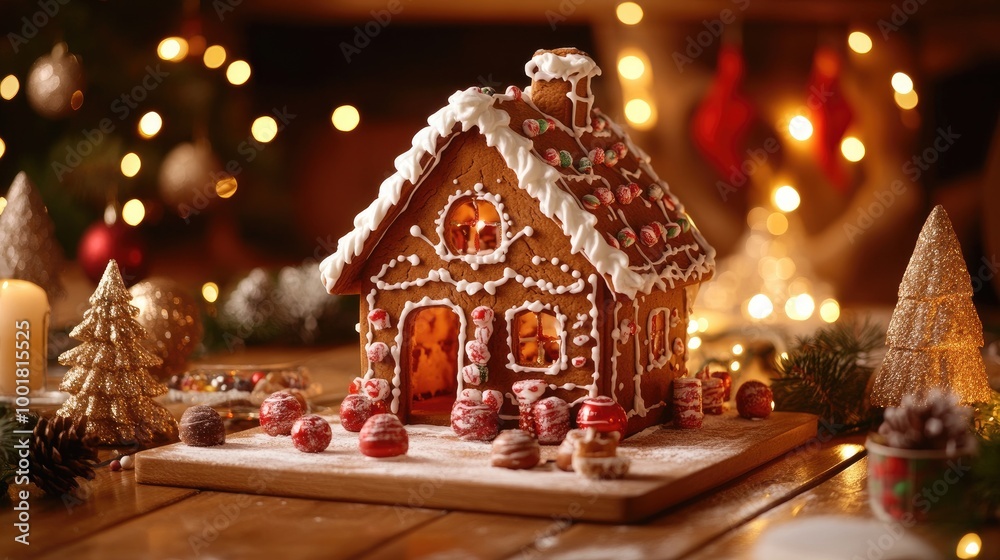 A festive holiday table with a freshly baked gingerbread house decorated with icing and candies, surrounded by Christmas decorations and warm lights A festive holiday table with a freshly baked gingerbread house decorated with icing and candies, surrounded by Christmas decorations and warm lights