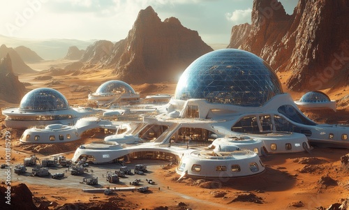 Aerial view of a futuristic Mars base with interconnected structures, domes, and vehicle parking area photo