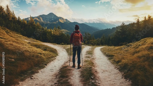 A hiker standing at the fork of two hiking trails, each leading to different scenery, symbolizing the choices we make that shape the journey of our lives