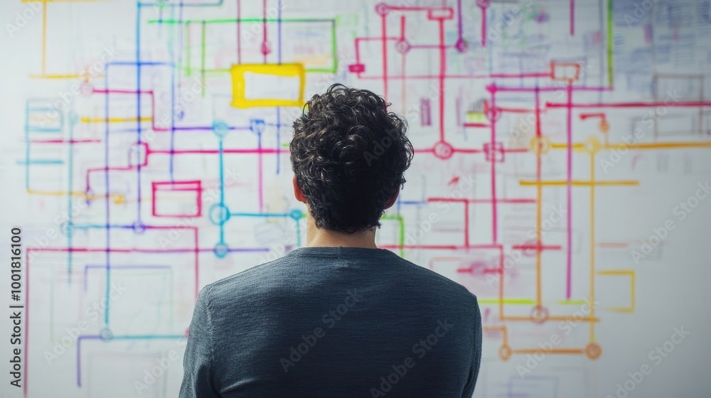 A man staring at a colorful flowchart drawn on a whiteboard, analyzing multiple pathways and options, symbolizing the strategic decisions faced in business and life A man staring at a colorful flowchart drawn on a whiteboard, analyzing multiple pathways and options, symbolizing the strategic decisions faced in business and life