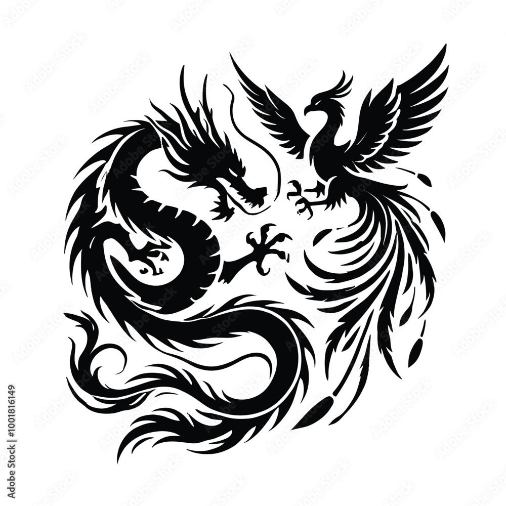Dragon and Phoenix Silhouette Dragon and Phoenix Silhouette