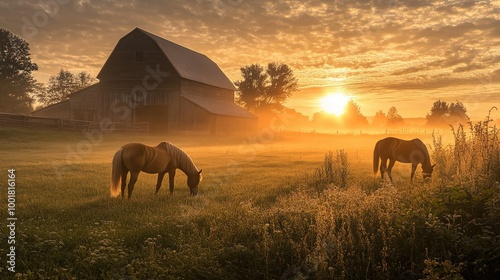 A misty morning on a farm with horses grazing in the pasture, the sun rising behind the barn, casting golden light across the dewy grass photo