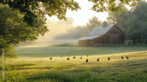 A peaceful morning farm scene with soft sunlight filtering through misty fields, a rustic barn in the distance, and chickens roaming freely on dewy grass photo