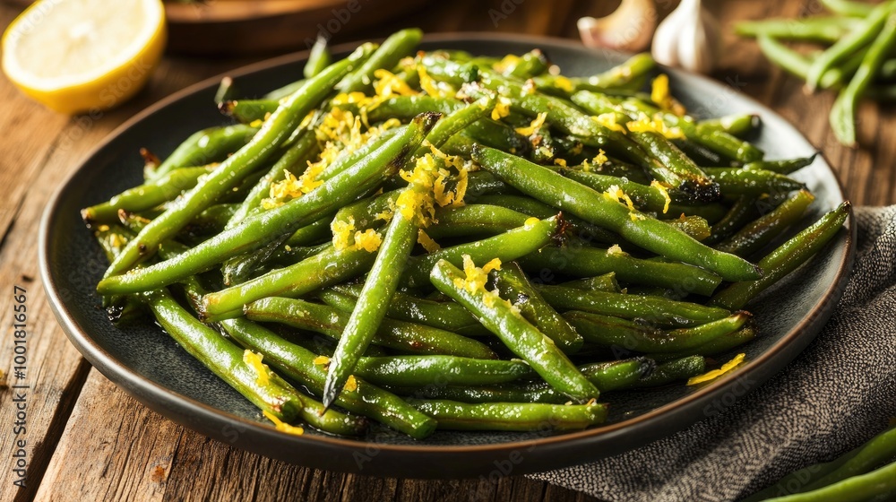 A plate of crispy roasted green beans garnished with lemon zest and garlic, ready to be served as a side dish A plate of crispy roasted green beans garnished with lemon zest and garlic, ready to be served as a side dish