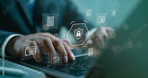 Cybersecurity protection concept, DMS, Documents confidentiality, protecting from cyberattacks. Software for security, searching and managing corporate document and employee information.
